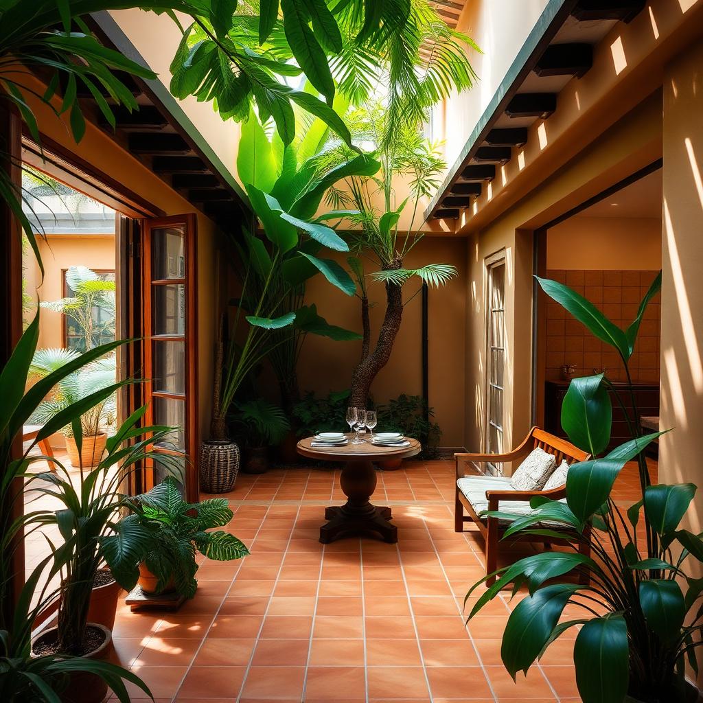 A shaded tropical courtyard in a Cali home.